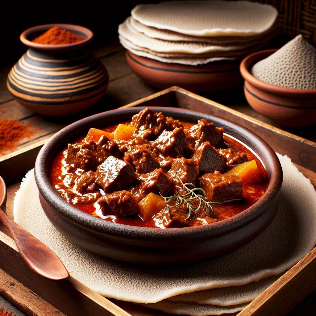 A bowl of rich, spicy Eritrean zigni beef stew garnished with fresh coriander