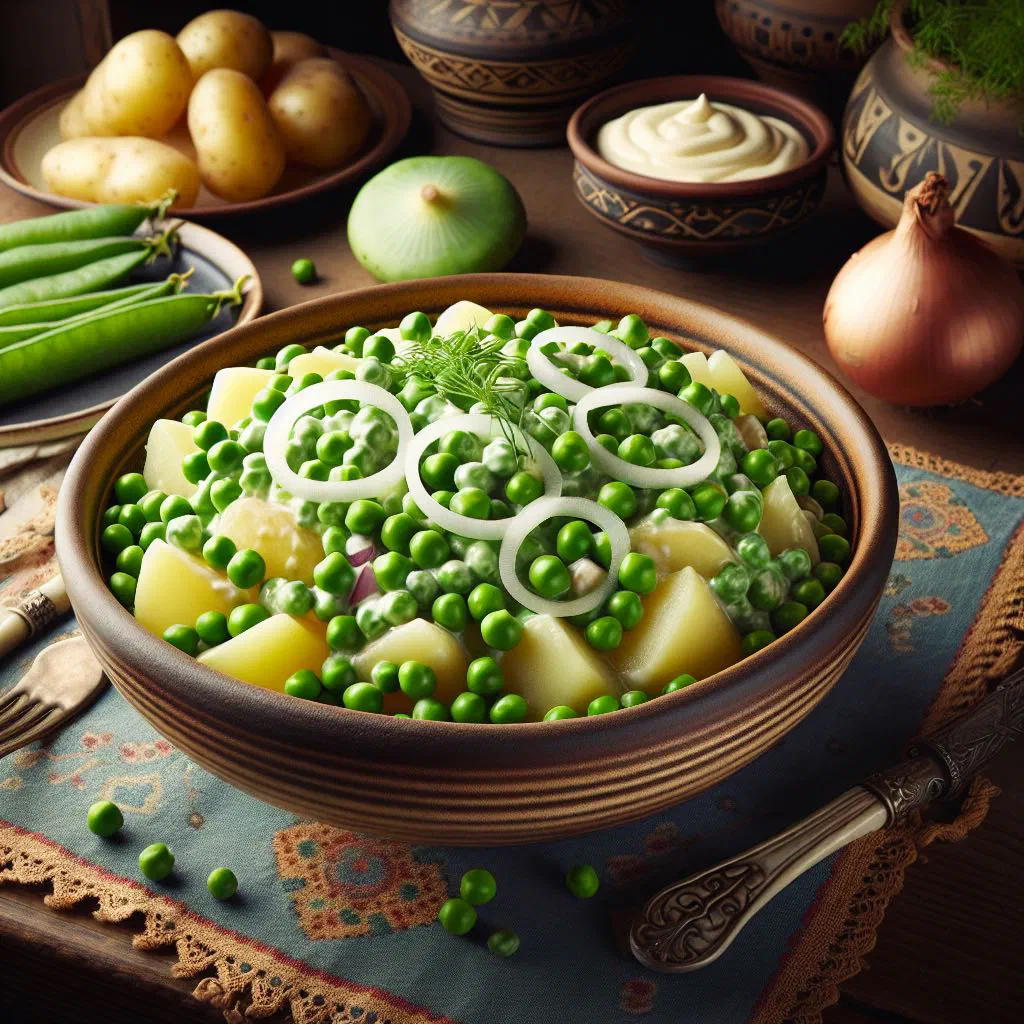 Estonian beetroot and potato salad in a bowl, garnished with fresh dill