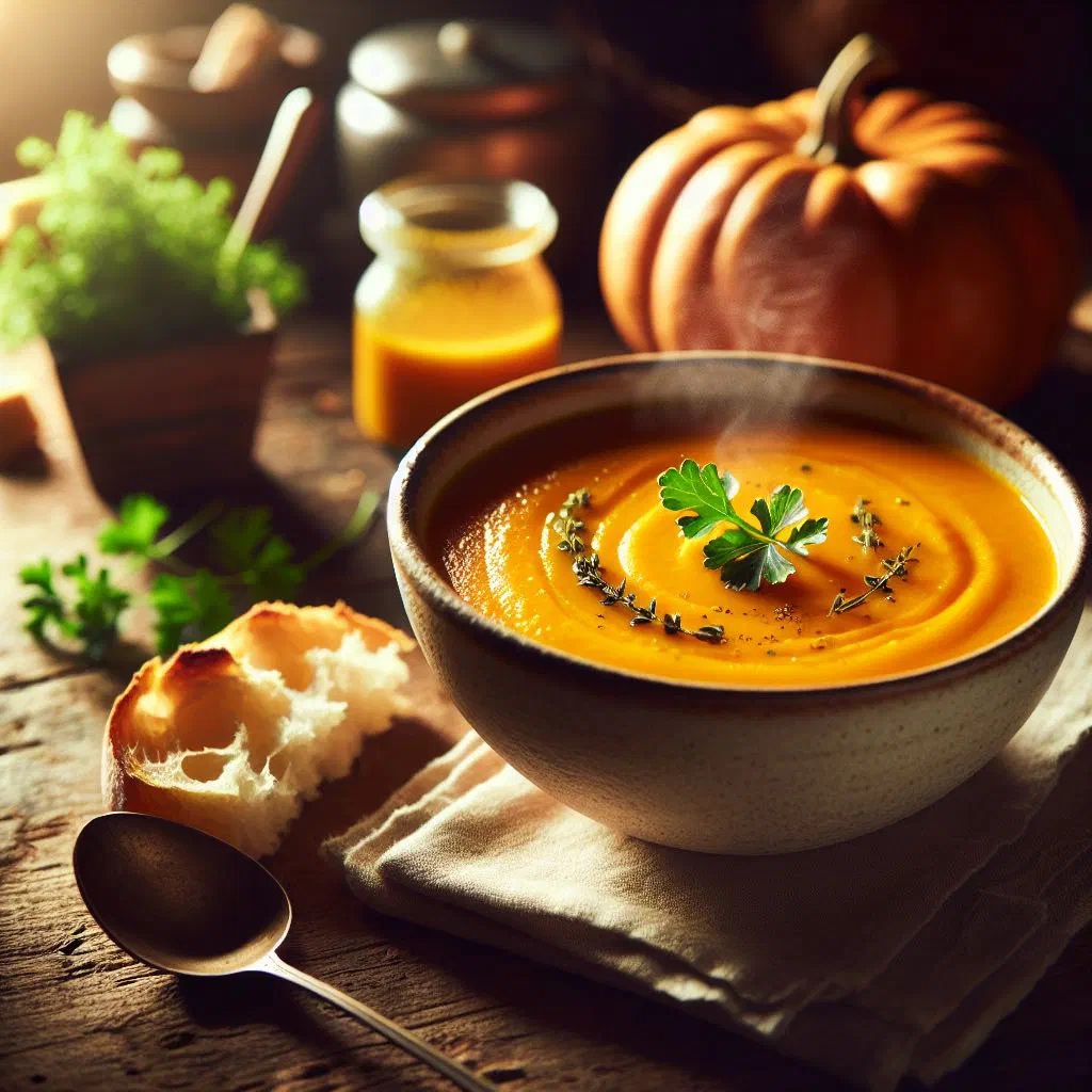 Bowl of creamy Estonian pumpkin soup garnished with herbs and seeds