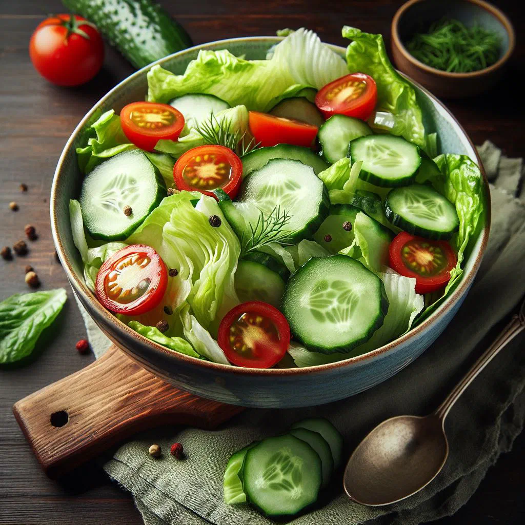Estonian cucumber and tomato salad with fresh dill in a white bowl
