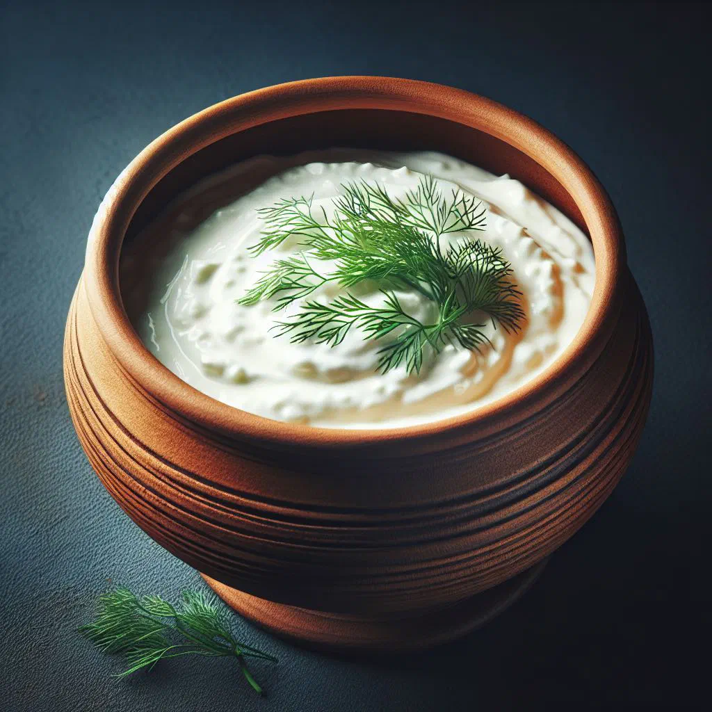 Creamy hapukoor with diced potatoes and fresh herbs in a bowl