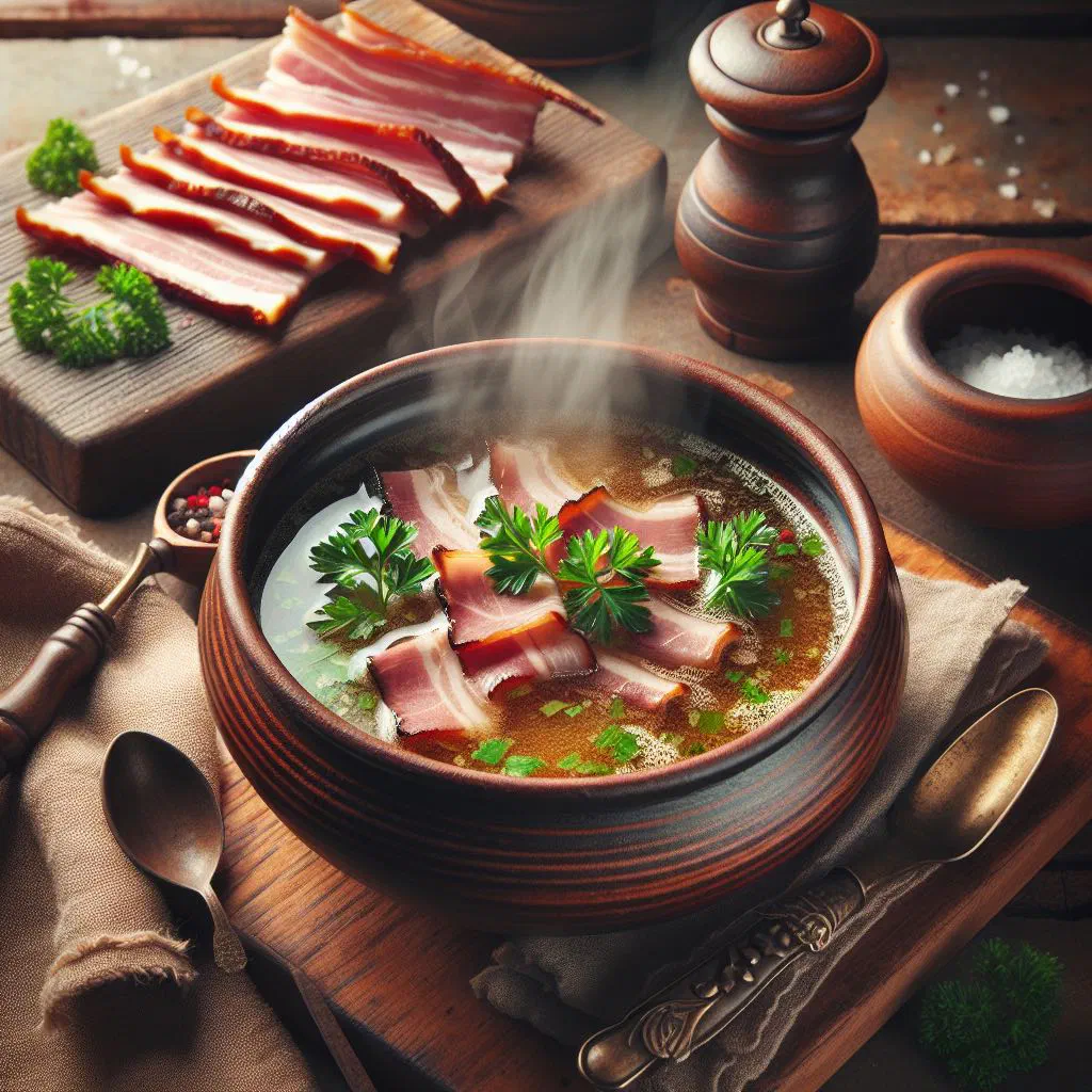 Bowl of Estonian pea soup with smoked meat and fresh dill