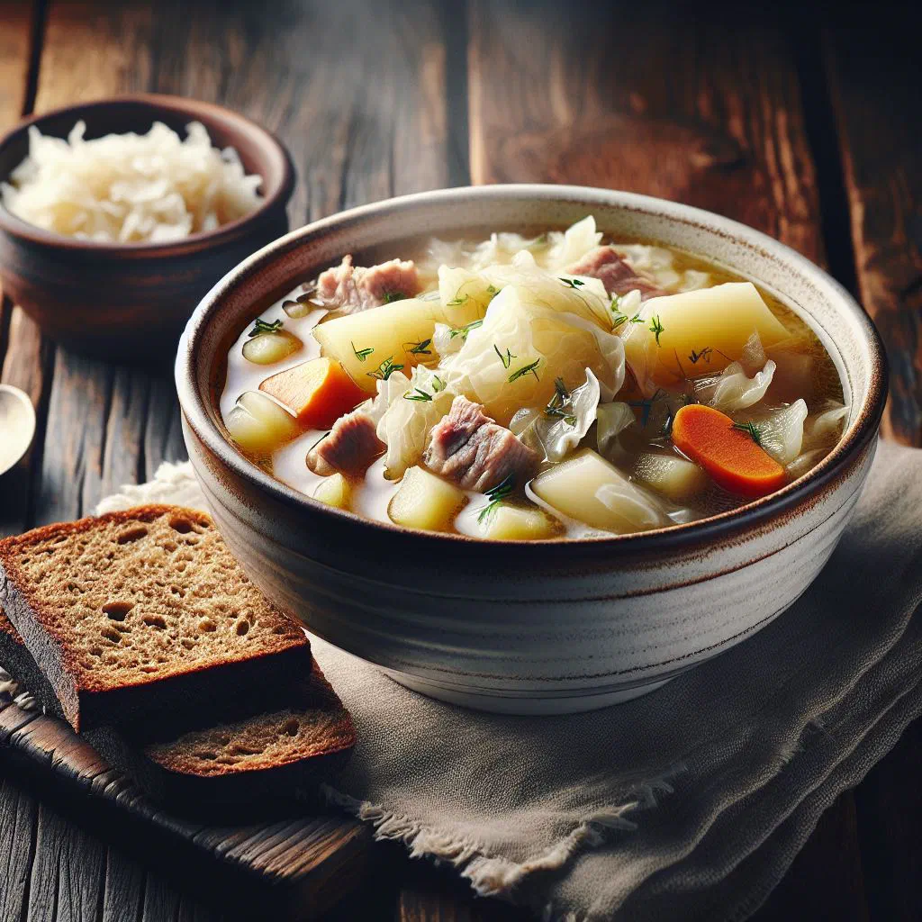 Bowl of Estonian cabbage soup with pork, potatoes and fresh dill