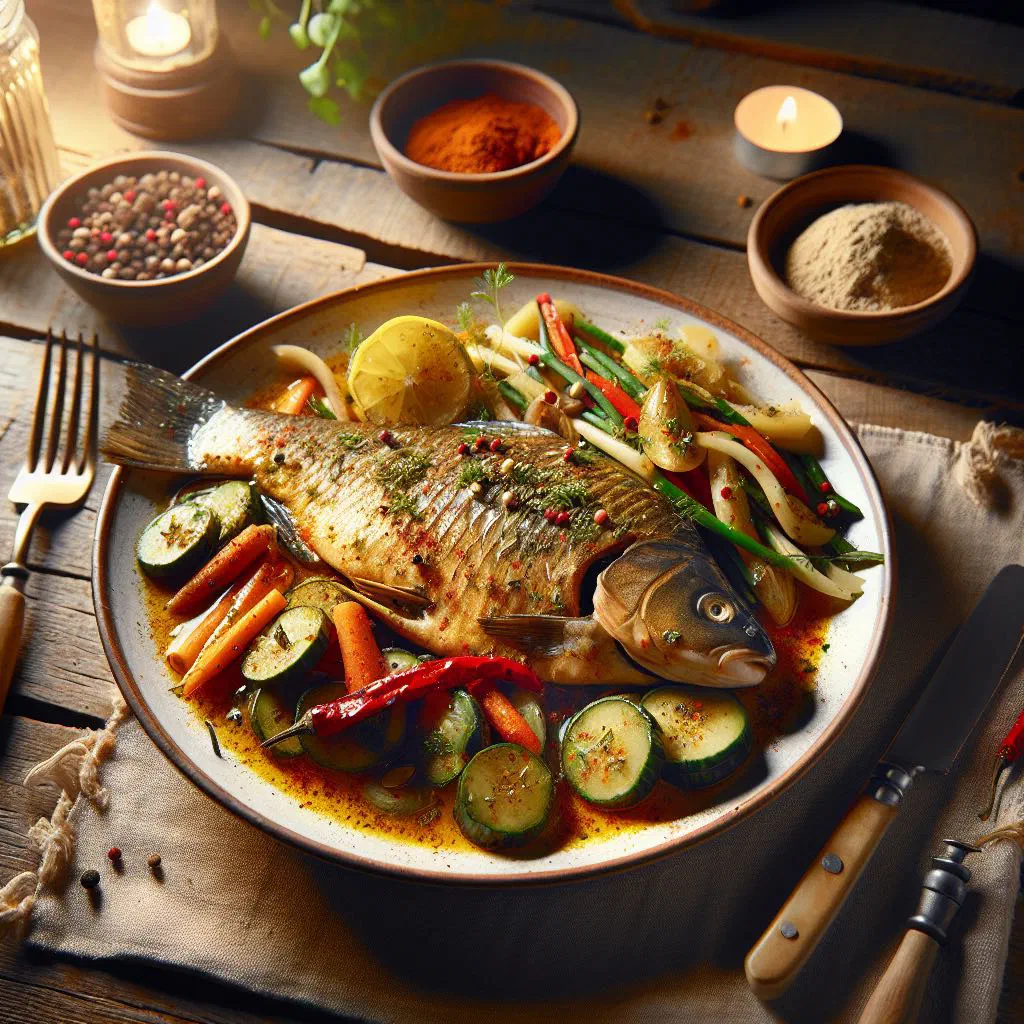 Pan of carp and potatoes with paprika and fresh dill