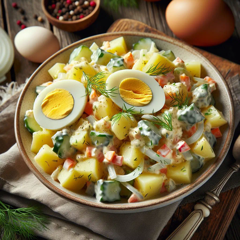 Creamy Estonian potato salad with peas, carrot and fresh herbs in a bowl