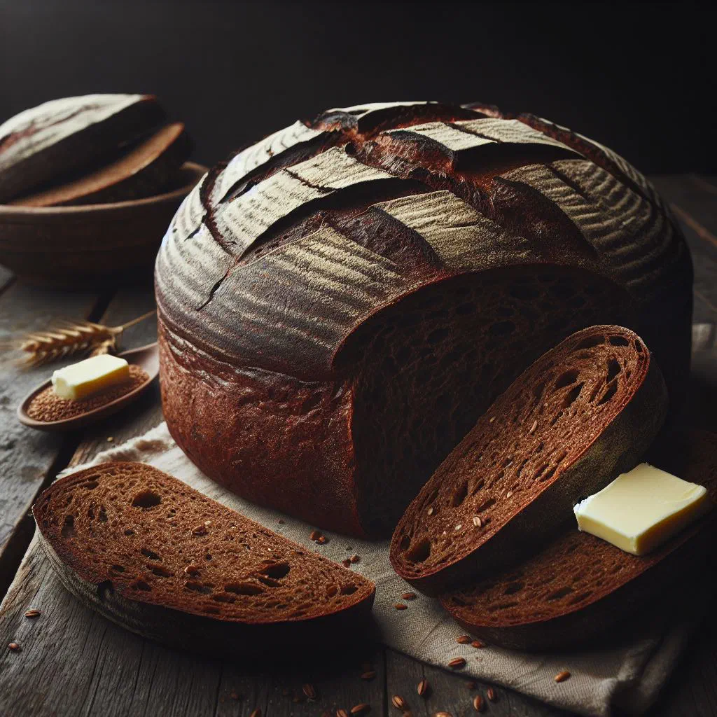 Sliced loaf of Estonian koduleib rye bread with a dark crispy crust