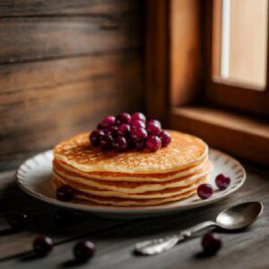 Estonian marjapannkook berry cake dusted with icing sugar and topped with fresh berries