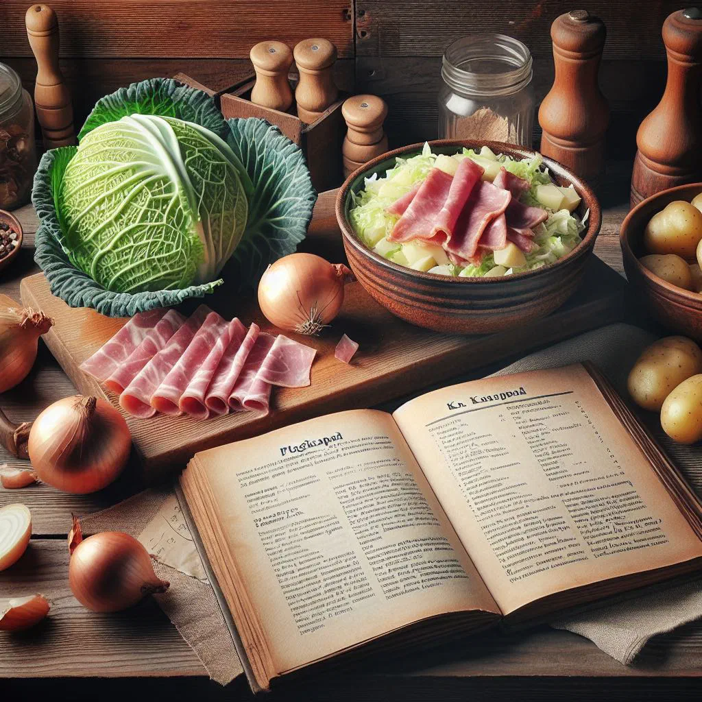 Mulgikapsad stew of sauerkraut, potatoes and pork in a rustic bowl