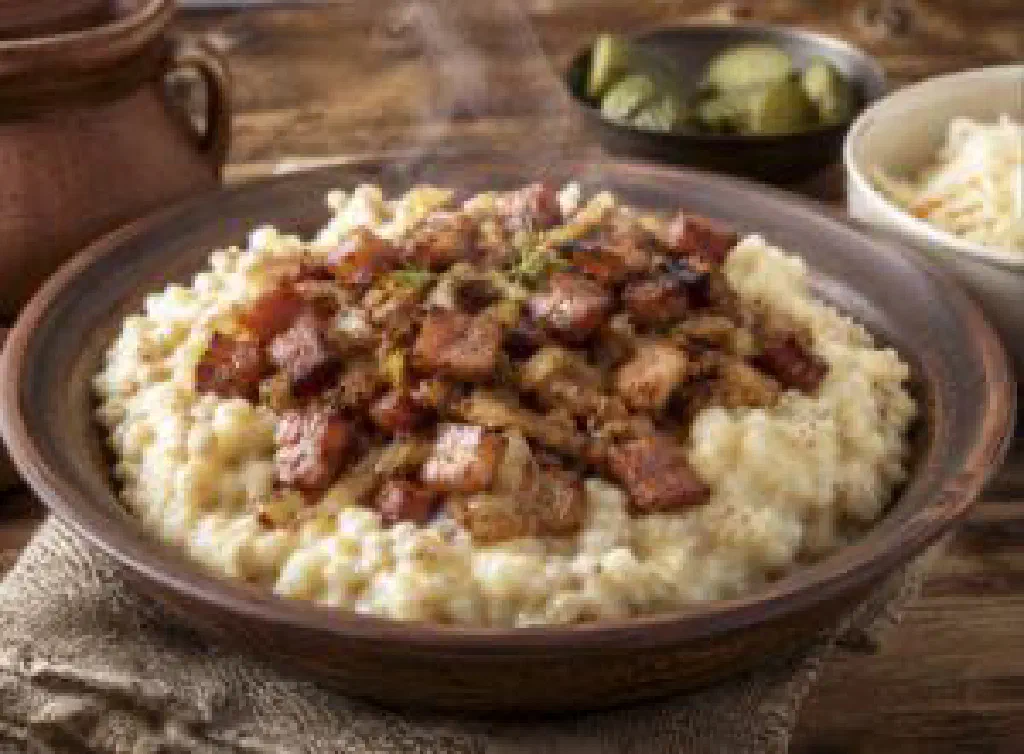 Creamy Estonian mulgipuder topped with golden fried onions and sour cream