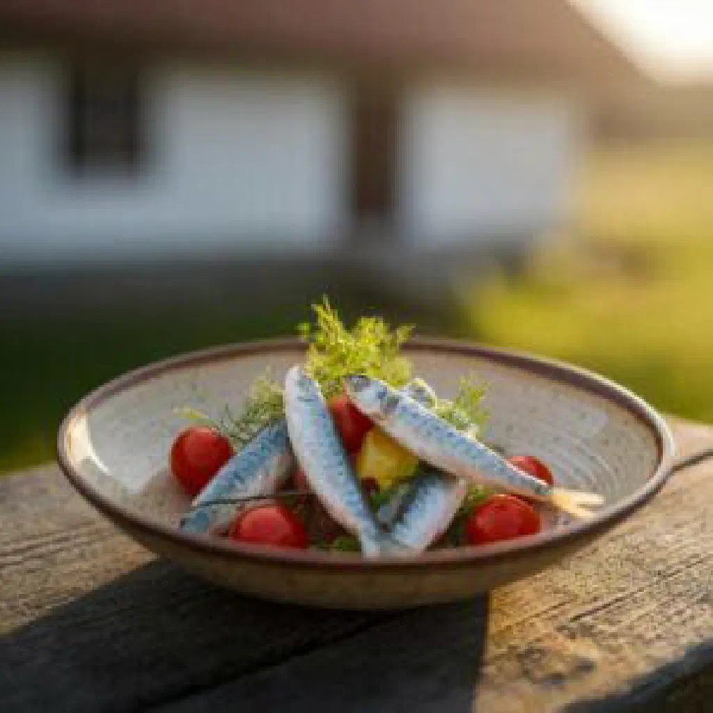 Baltic herring simmered in tomato sauce, topped with fresh dill