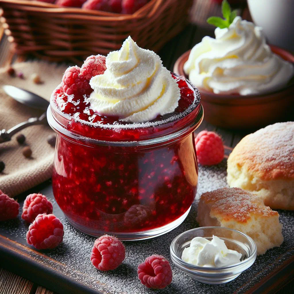 Jar of Estonian raspberry jam with fresh raspberries beside it