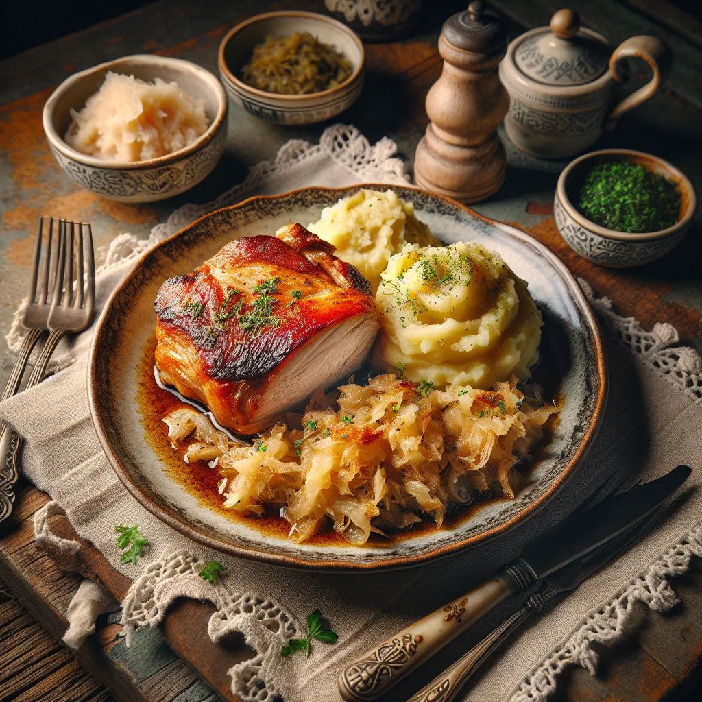 Roast pork with sauerkraut and potatoes in a rustic bowl
