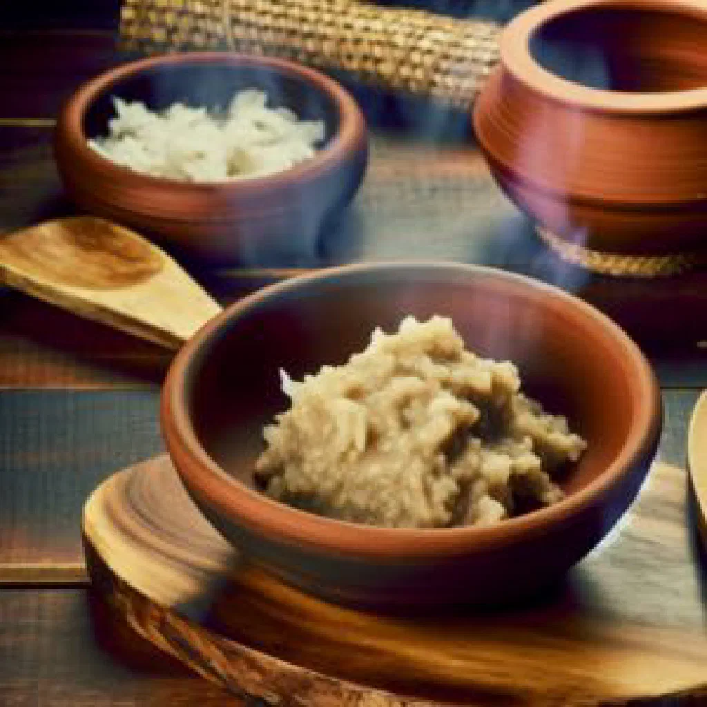 A bowl of thick maize-meal Emathinsane garnished with fresh herbs