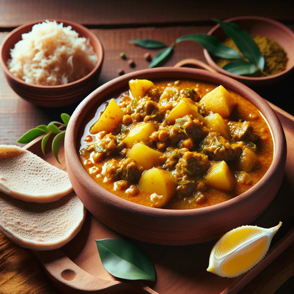 Bowl of mild Ethiopian alicha wat lentils garnished with coriander, served with injera