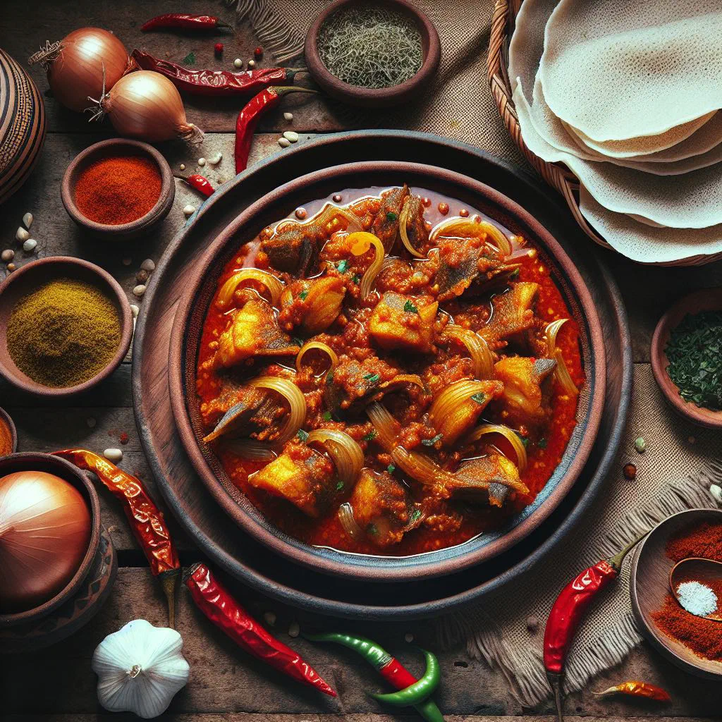 Pan-fried Ethiopian asa tibs with fish, onions and green chillies