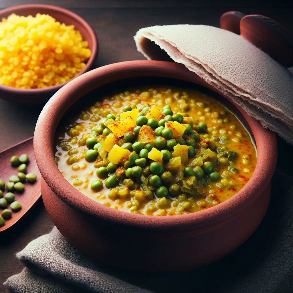 A bowl of golden Atir Kik Alicha yellow lentil stew garnished with fresh coriander