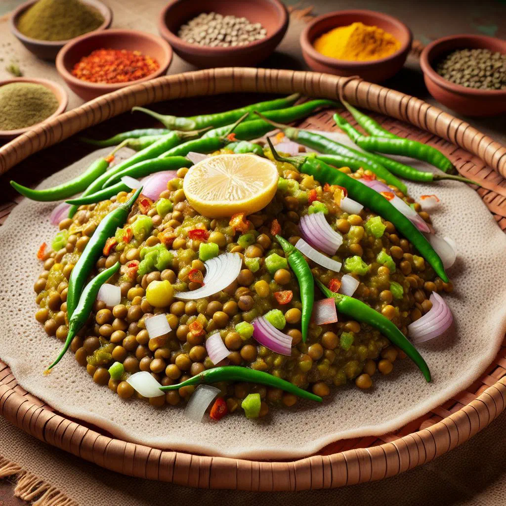 Ethiopian azifa green lentil salad with tomato, onion and fresh parsley
