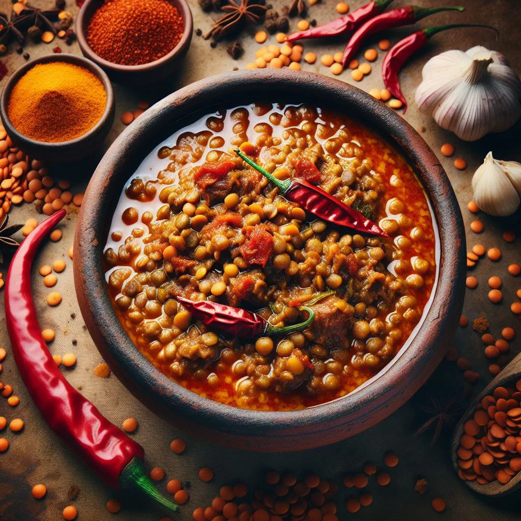 Bowl of spiced Ethiopian berbere lentil stew garnished with fresh coriander