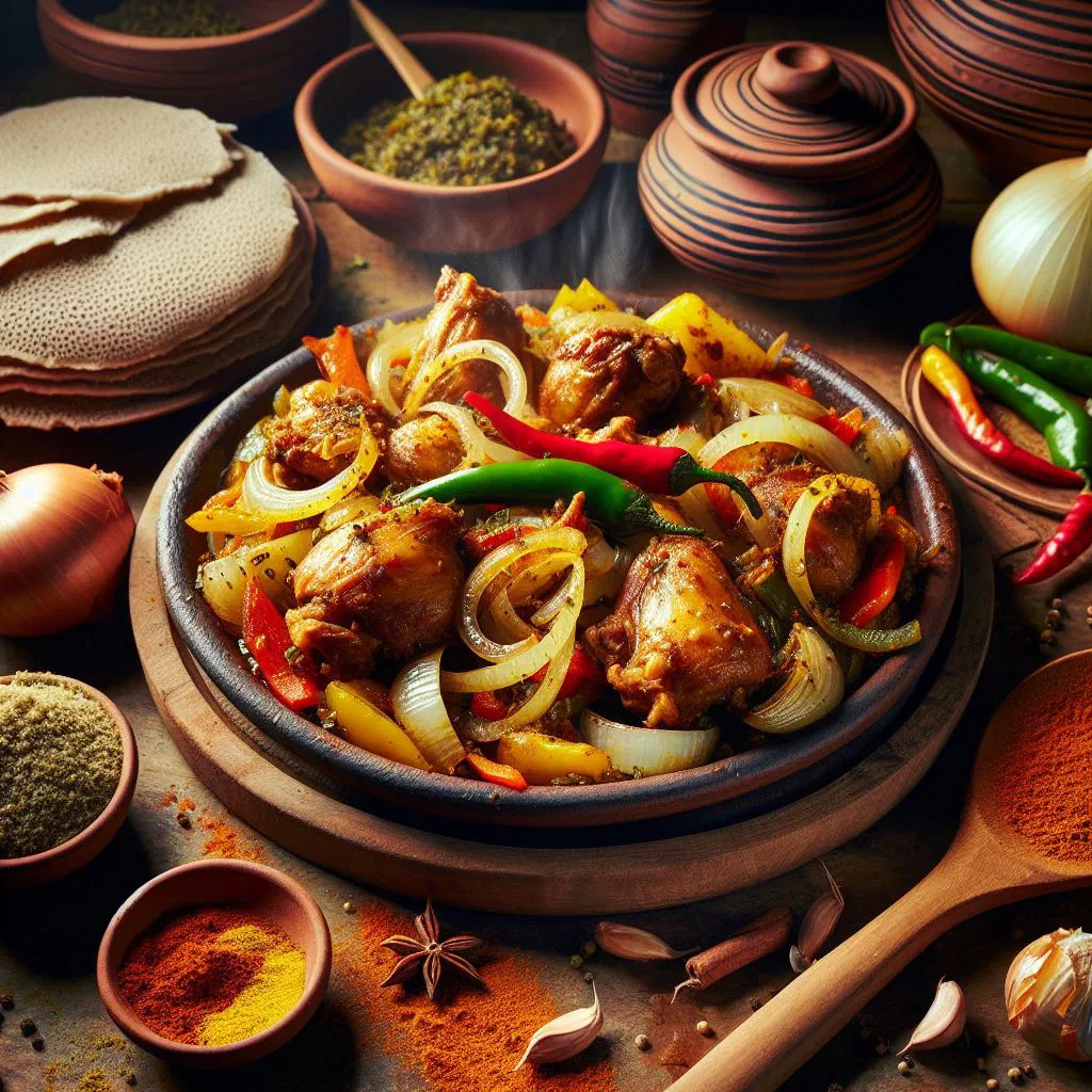 Spiced Ethiopian doro tibs chicken served with injera flatbread