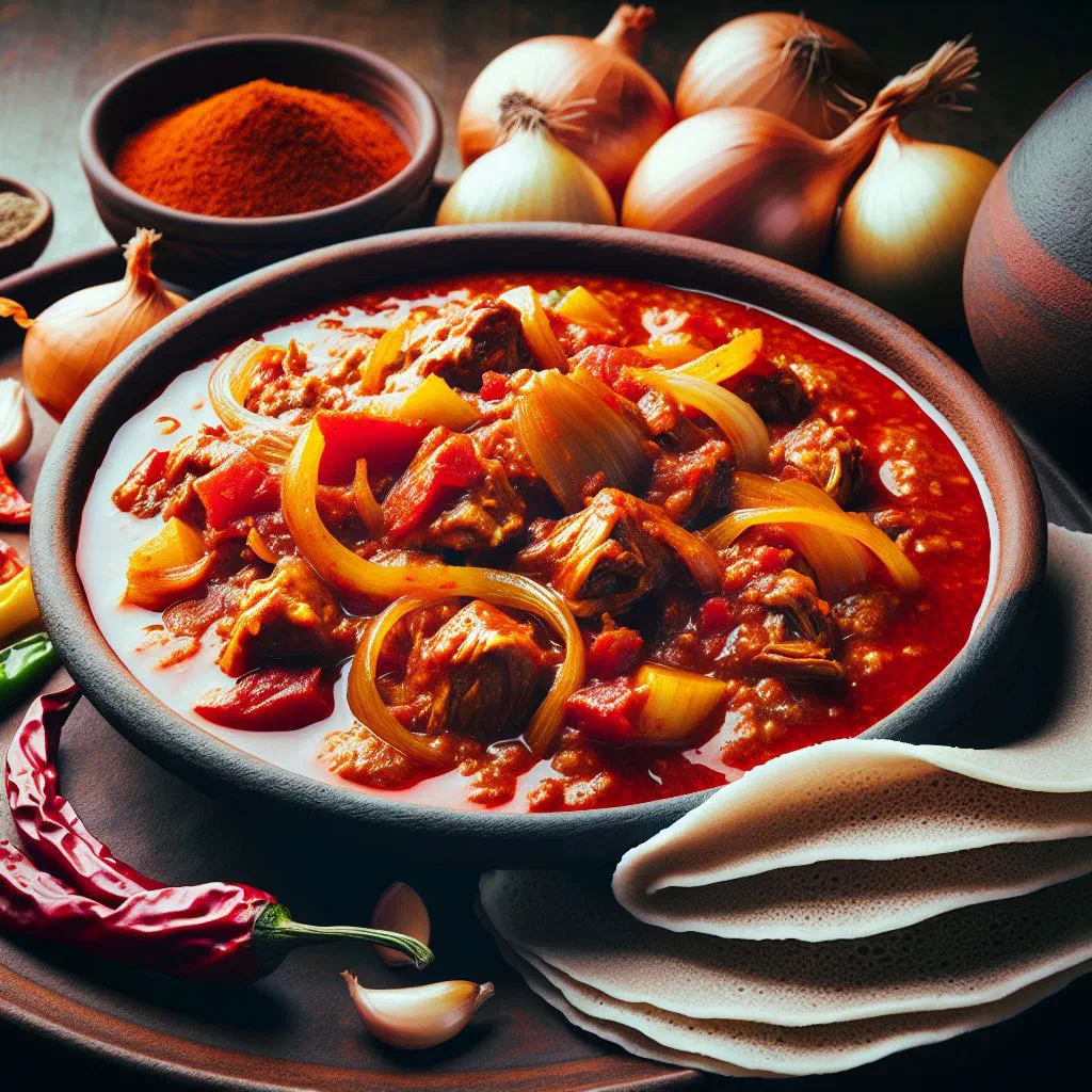 Spiced Ethiopian chicken stew with hard-boiled egg served alongside injera