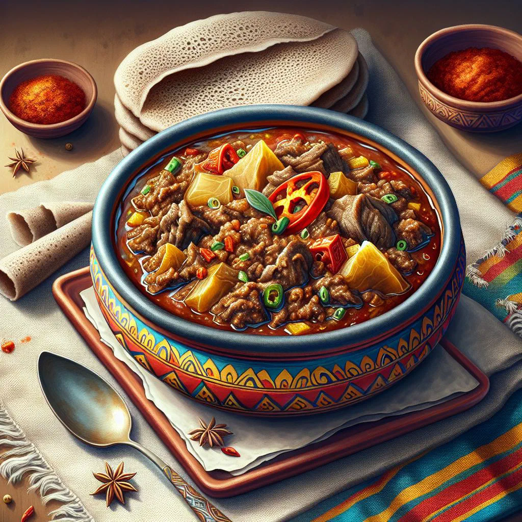 Spiced Ethiopian beef stew garnished with fresh herbs, served with injera