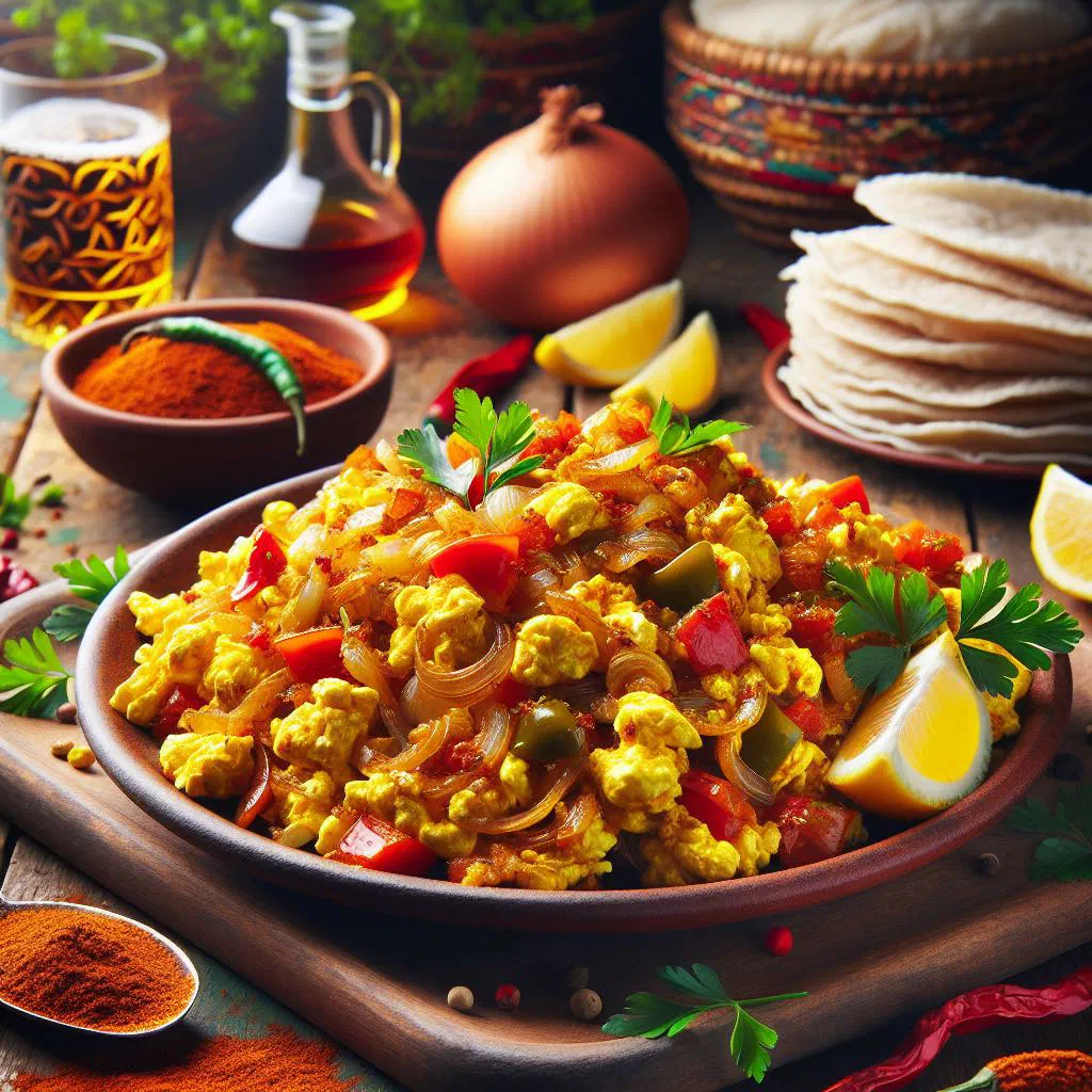 Enkulal firfir with scrambled eggs and torn injera garnished with coriander