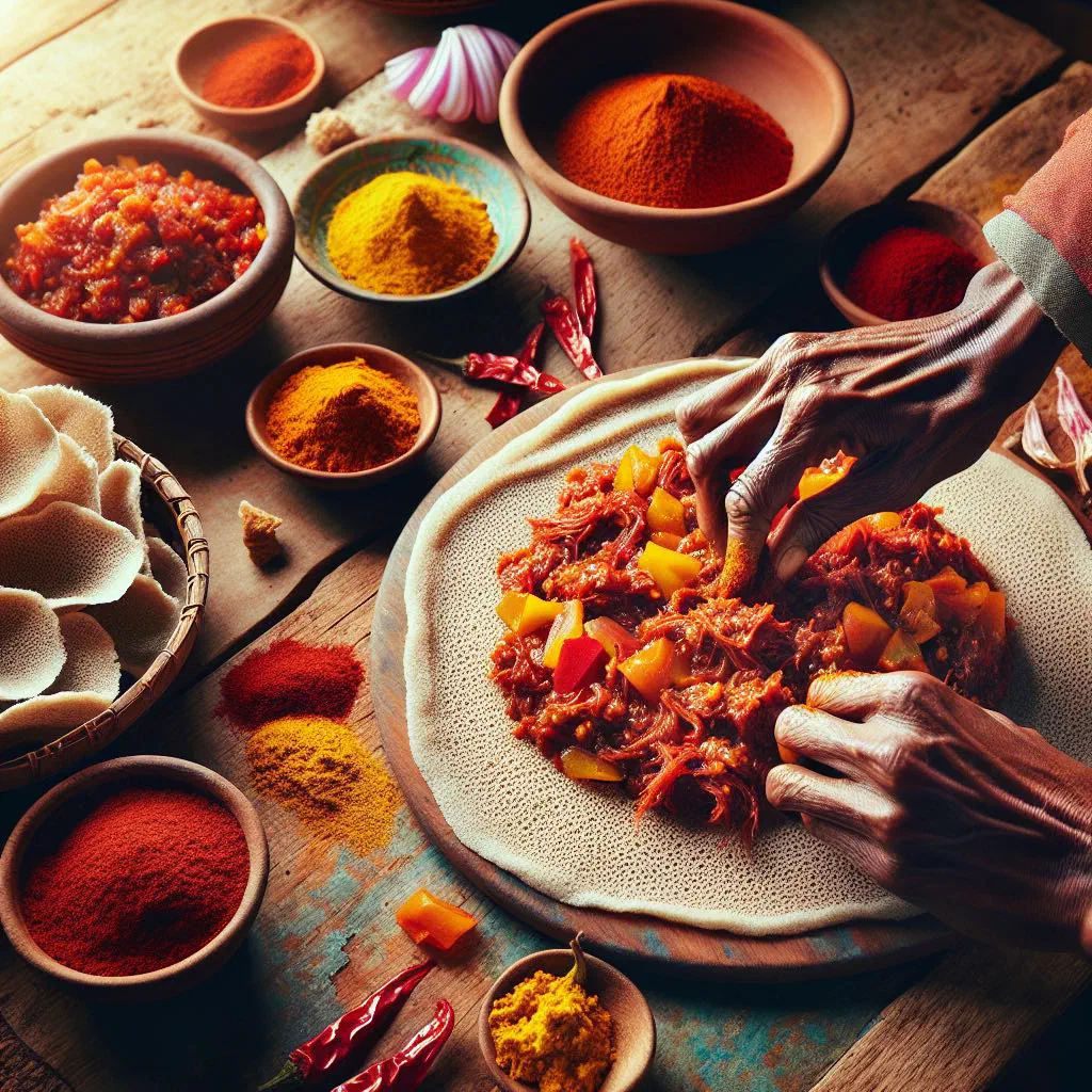 Kitcha fitfit with shredded flatbread, spiced vegetables and berbere