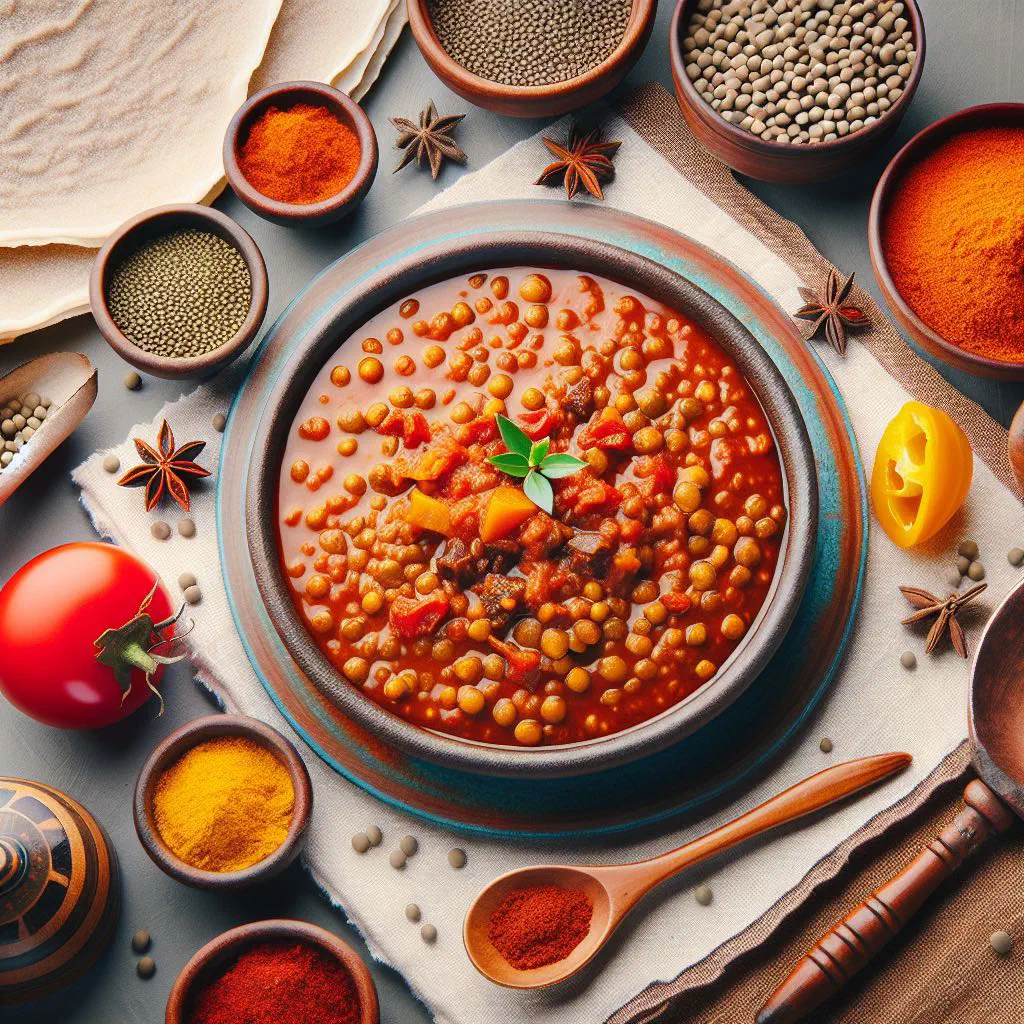 Bowl of spicy red lentil misser wat served with injera flatbread