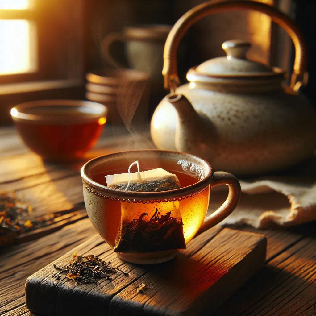 Glass of golden Ethiopian nech azmud herbal tea garnished with lemon