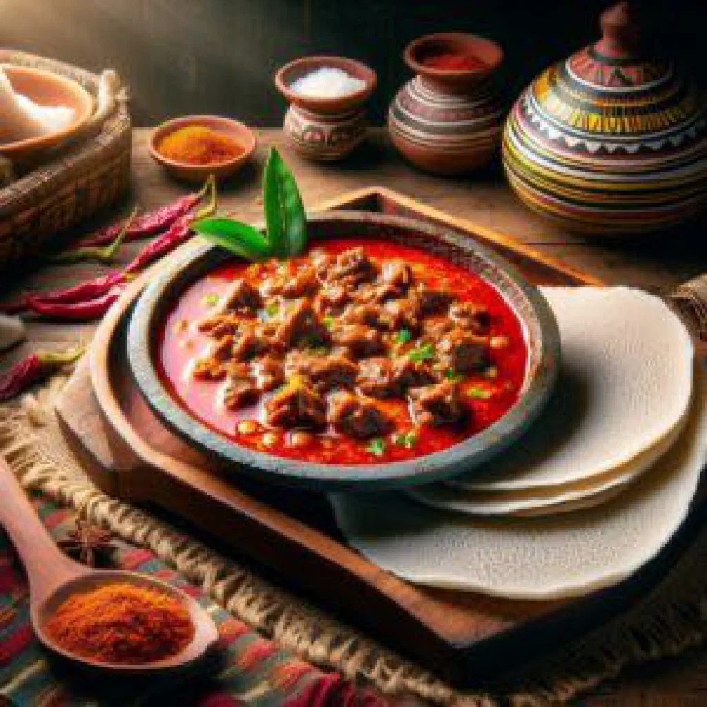 Spicy Ethiopian qey wat beef stew garnished with fresh coriander