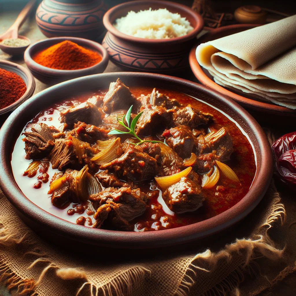Sega wat beef stew in a rich red berbere sauce served with injera
