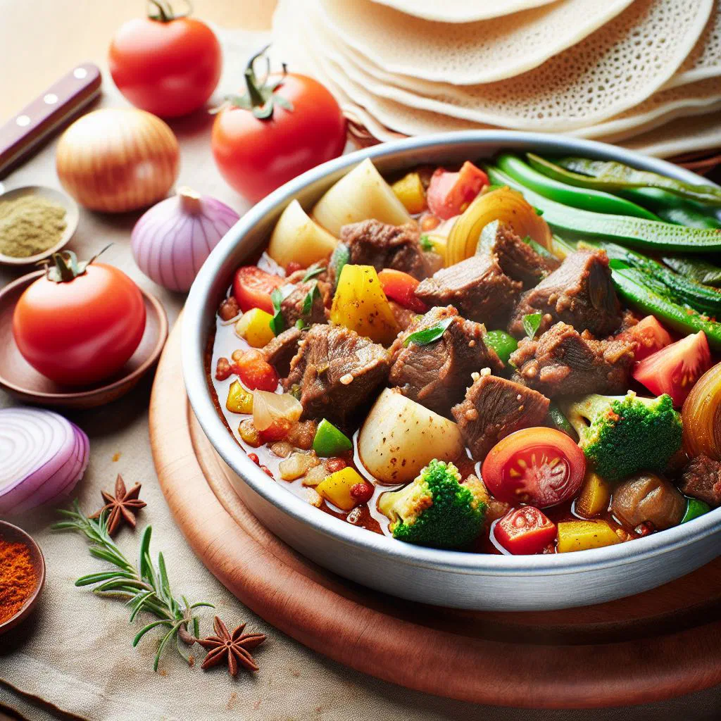 Sautéed Senafitch Tibs with beef, peppers and fresh herbs served with injera