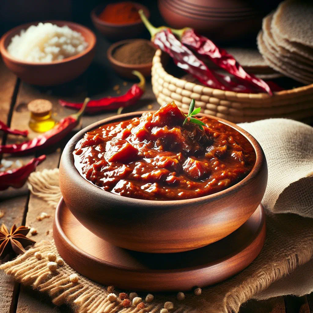 Bowl of rich, spiced Ethiopian shiro served on injera