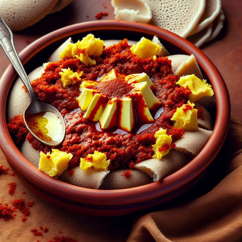 Suf fitfit with torn injera, diced tomatoes and fresh coriander