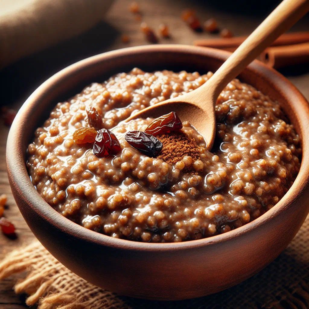A bowl of creamy teff porridge topped with fresh fruit and nuts