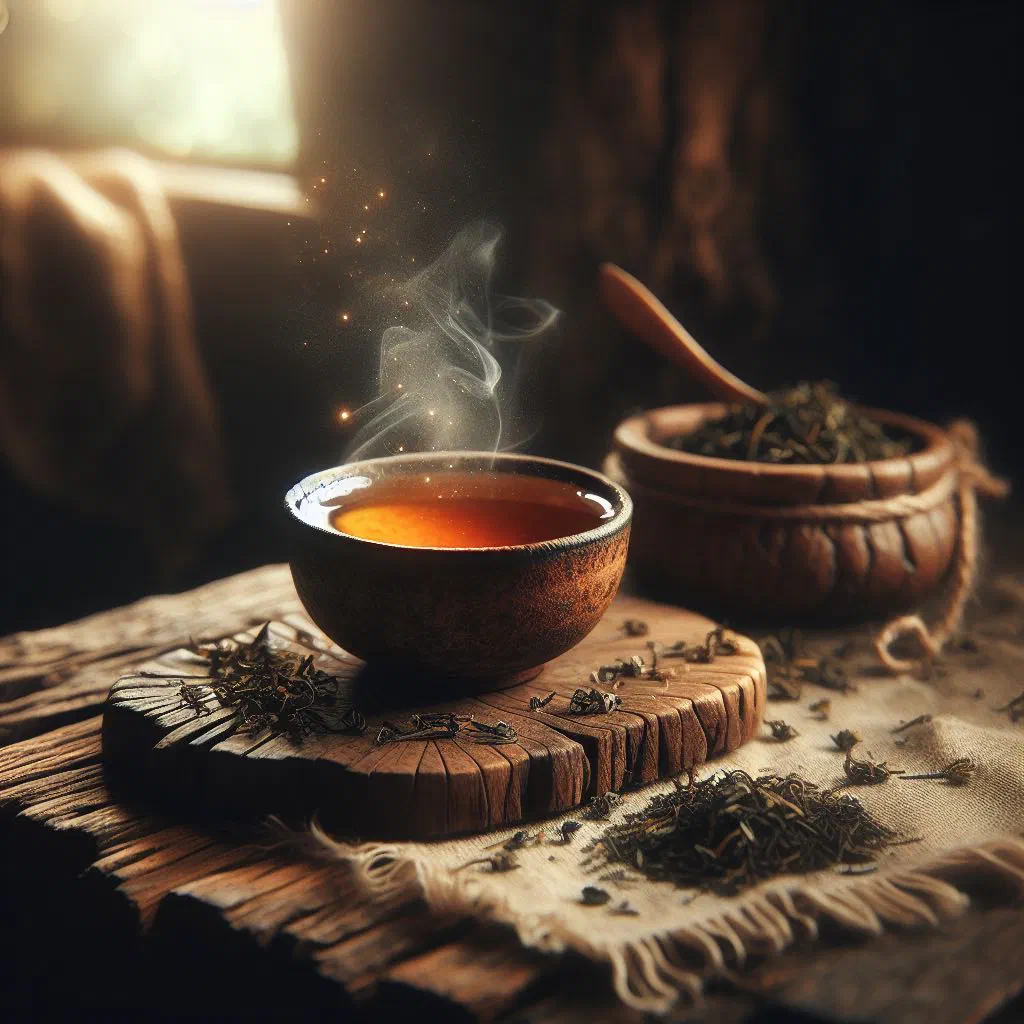 A steaming cup of Ethiopian tenadam herbal tea garnished with fresh mint