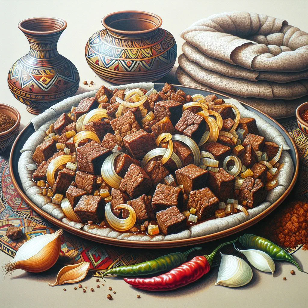 Ethiopian tibs of sautéed meat with peppers and onions, served with injera