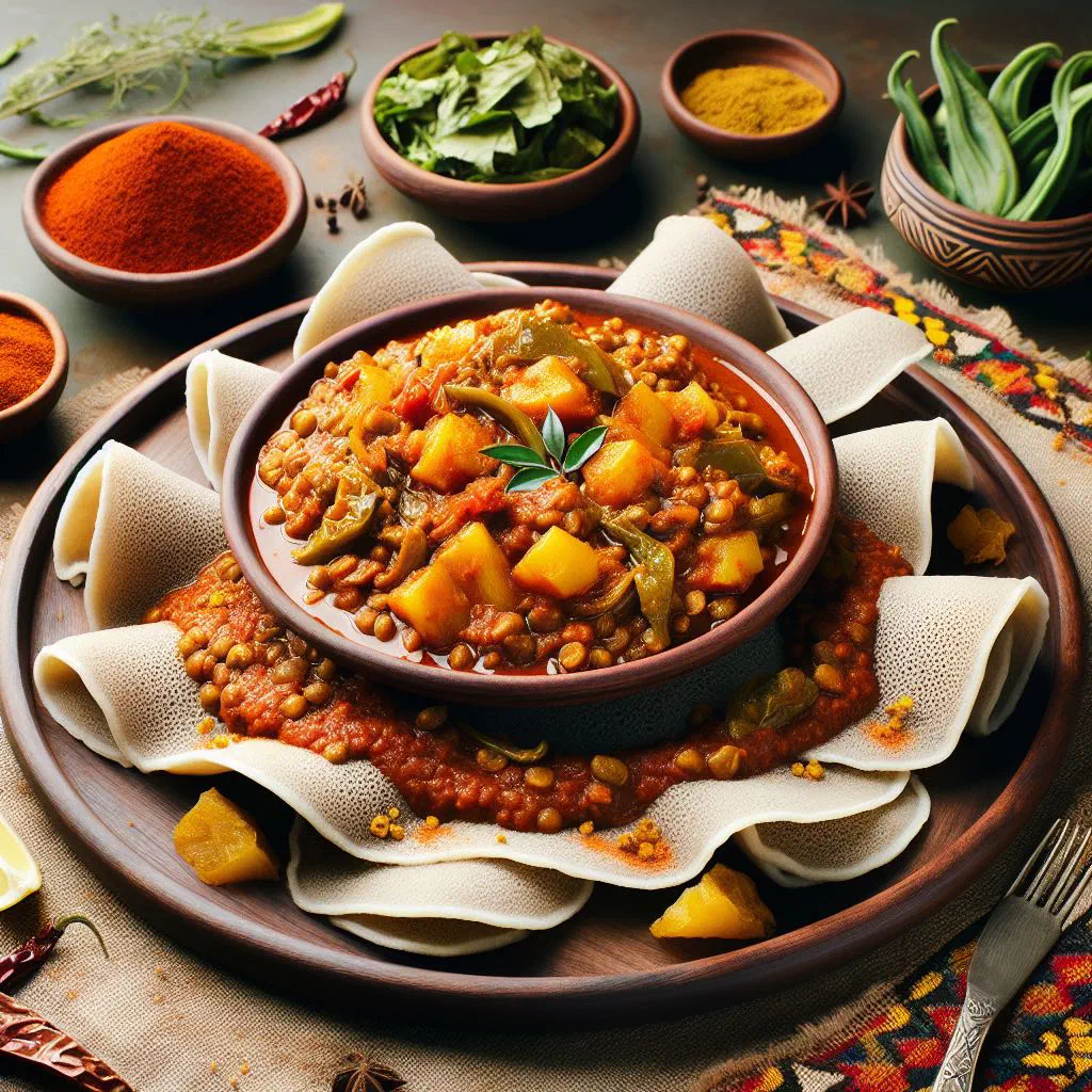 Bowl of Ethiopian yekik wat red lentil stew with berbere spice