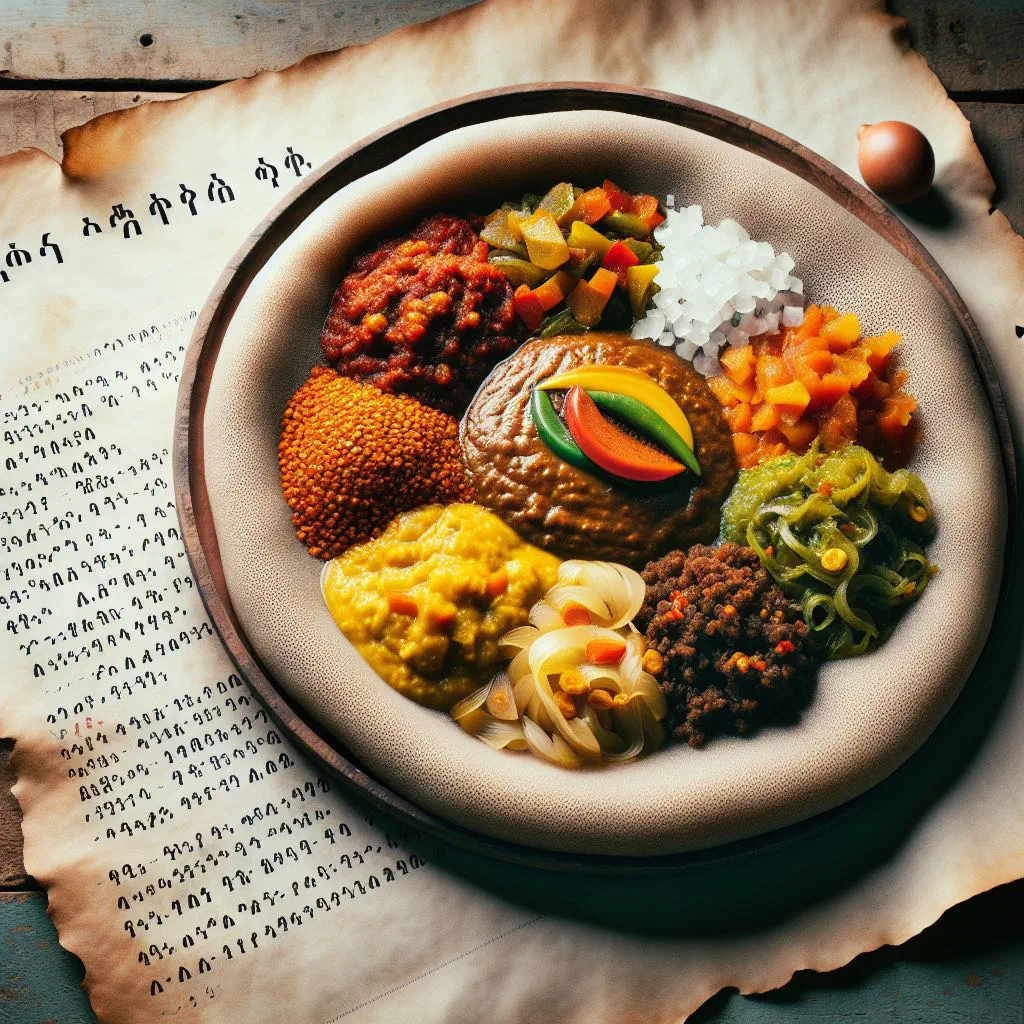 Colourful Ethiopian yetsom beyaynetu platter of lentils and vegetable curries on injera