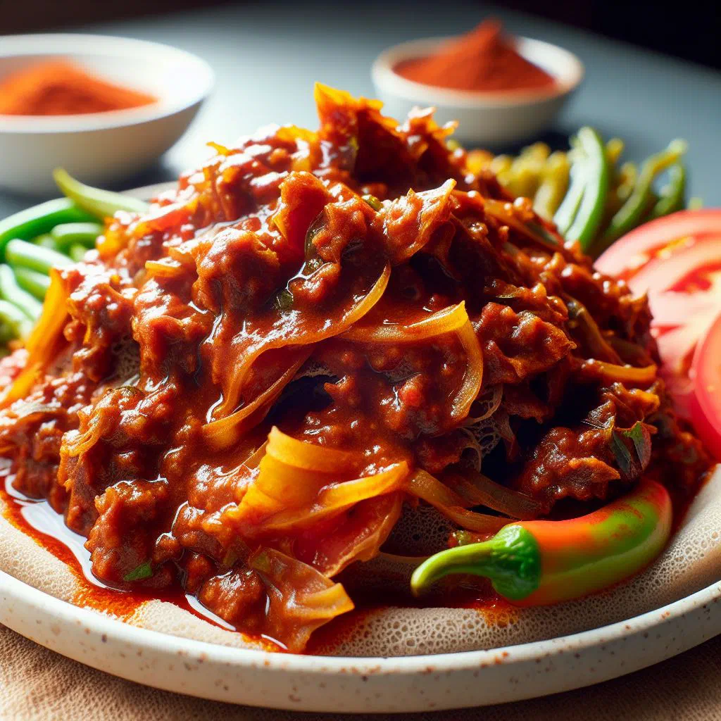 Yetsom firfir made from torn injera tossed with berbere spice and onions