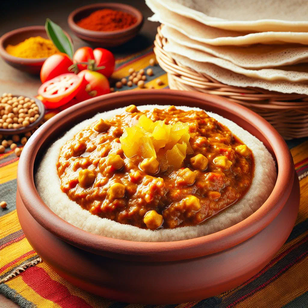 A bowl of creamy Yetsom Shiro chickpea stew garnished with fresh herbs