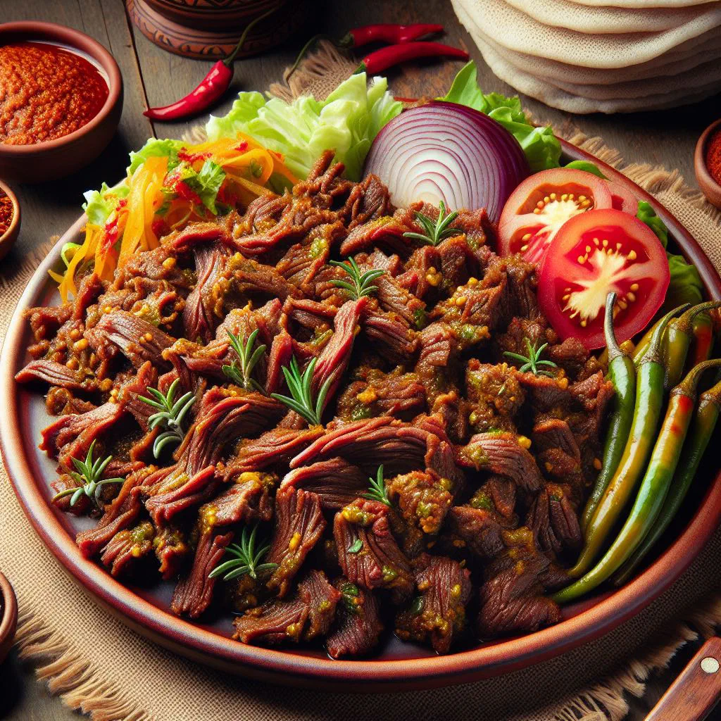 Sizzling strips of Ethiopian zilzil tibs beef with peppers and onions