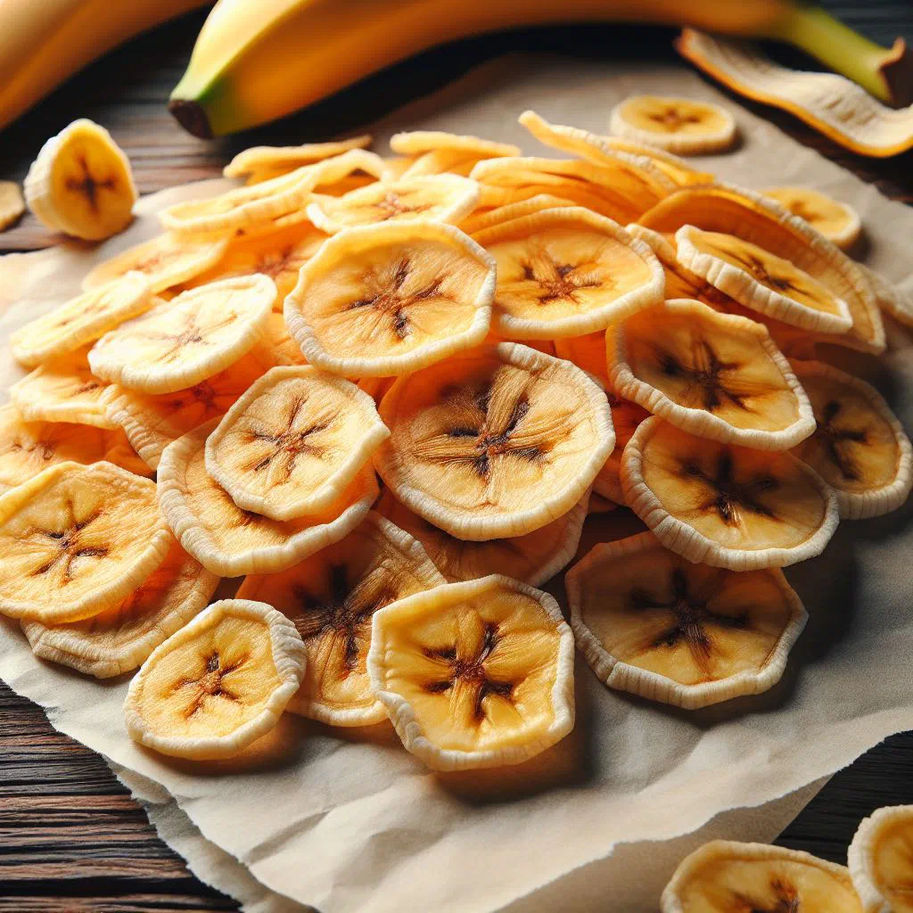 Golden baked banana chips piled in a rustic bowl
