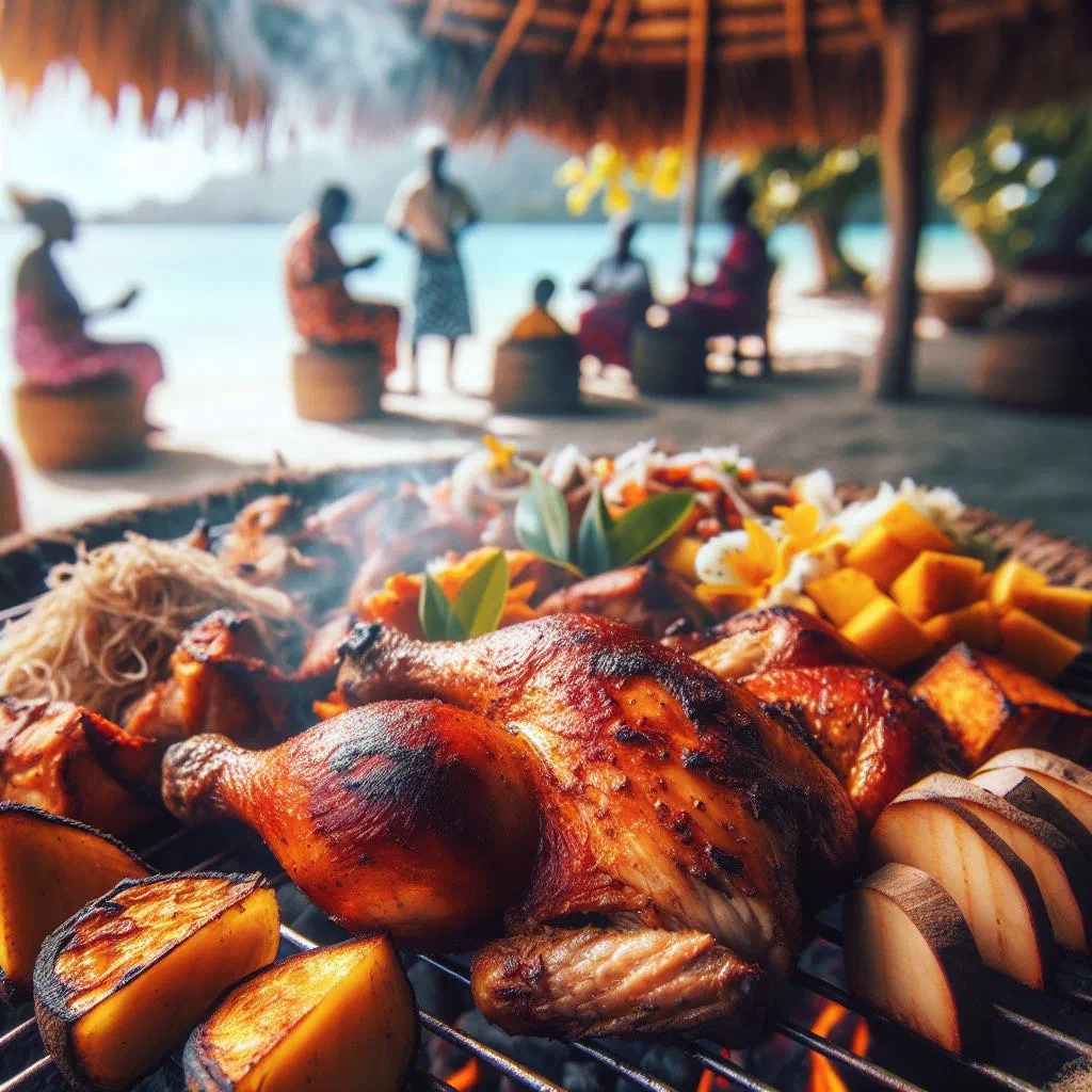 Fijian barbecued chicken pieces grilled golden and garnished with lime