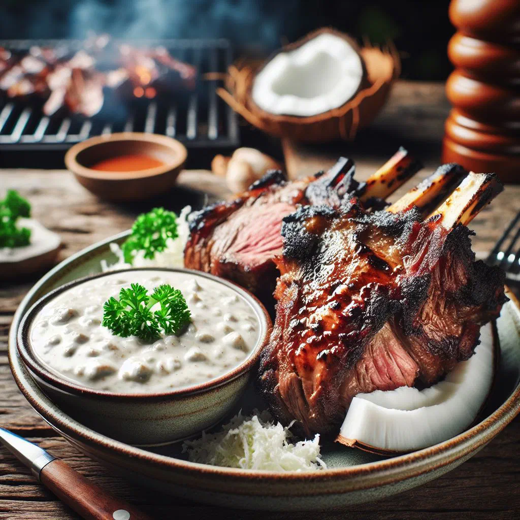 Grilled lamb fillet drizzled with creamy coconut sauce and fresh coriander
