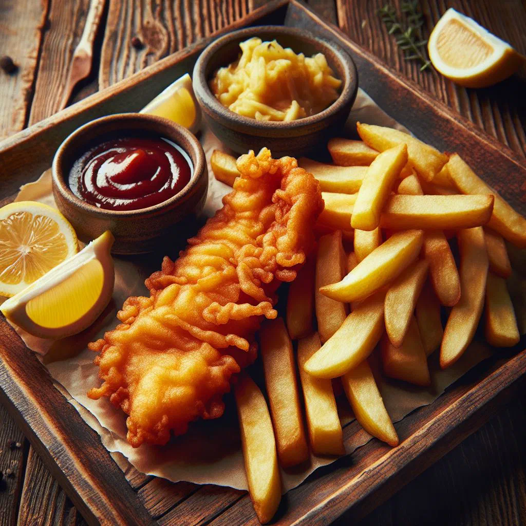 Golden battered fish fillets with crispy chips and lemon wedges
