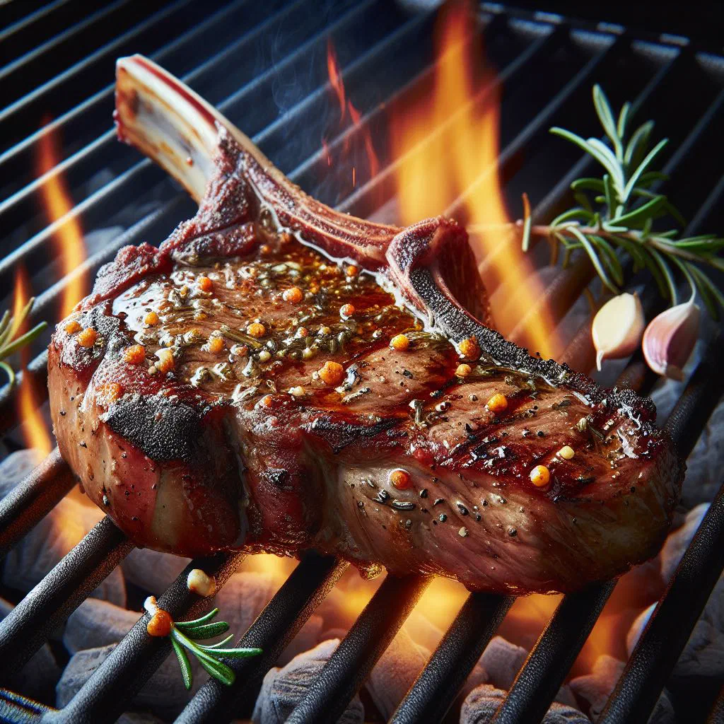 Grilled BBQ lamb chops garnished with fresh herbs and lemon