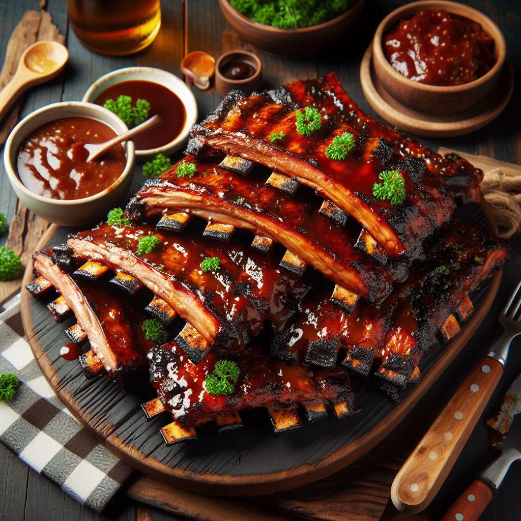 Glazed barbecued pork ribs sliced on a wooden board with fresh herbs