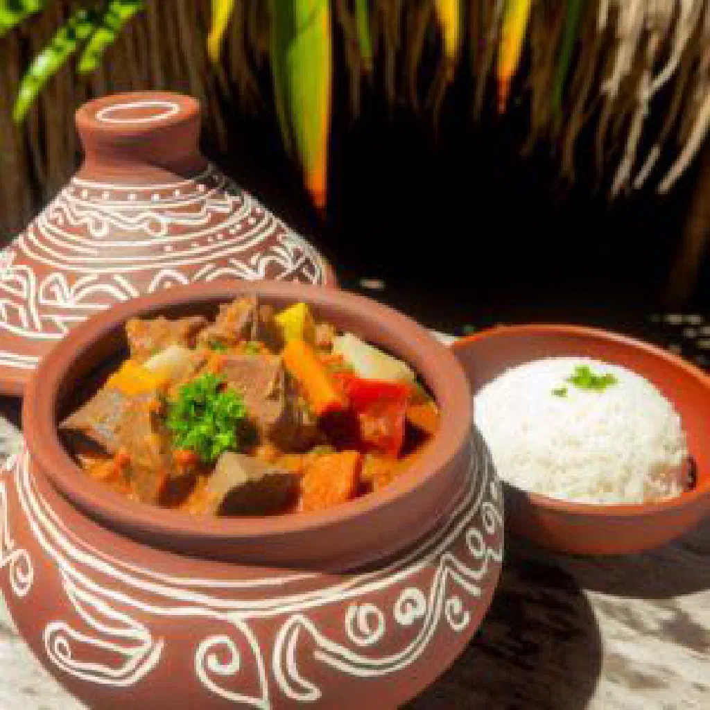 Fijian beef curry in a rich coconut sauce garnished with fresh coriander