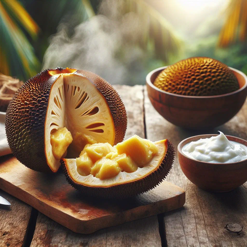 Boiled breadfruit pieces topped with coconut cream and fresh herbs